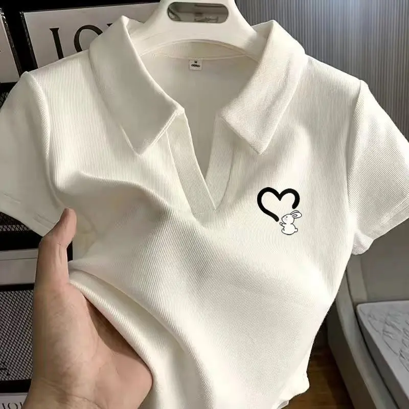 Summer New Korean Women Fashion Casual Lapel Polo Shirts Solid Versatile Slim Short Sleeve Love Logo Short Kawaii Knitted Tops