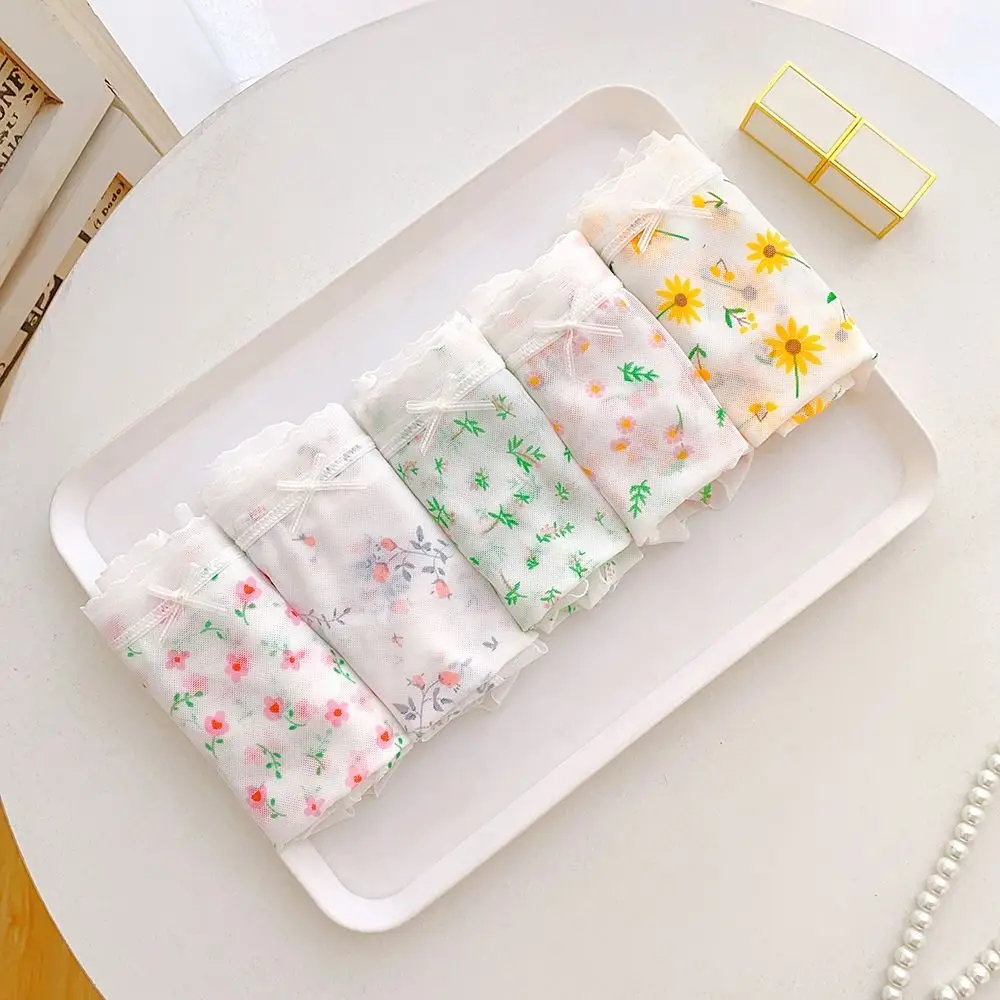 5 шт. ультратонкие сетчатые трусики с цветочным принтом, бесшовные прозрачные трусы со средней талией и цветочным принтом, нижнее белье для женщин и девочек