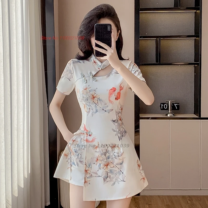 

Китайское платье 2021, сексуальное Ципао, улучшенное платье Cheongsam с национальным цветочным принтом + шорты, комплект, рабочее платье для спа-салона, платье для ночного клуба