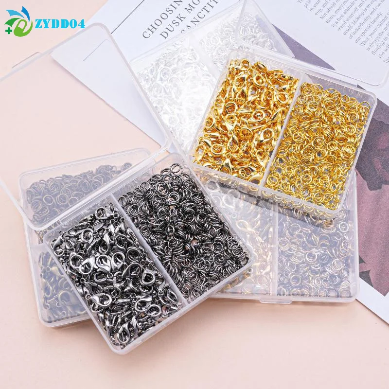 ● 500 pçs/caixa kit de fabricação de jóias fechos lagosta & anéis de salto com caixa para diy corrente colar pulseira tornozeleira suprimentos conectores