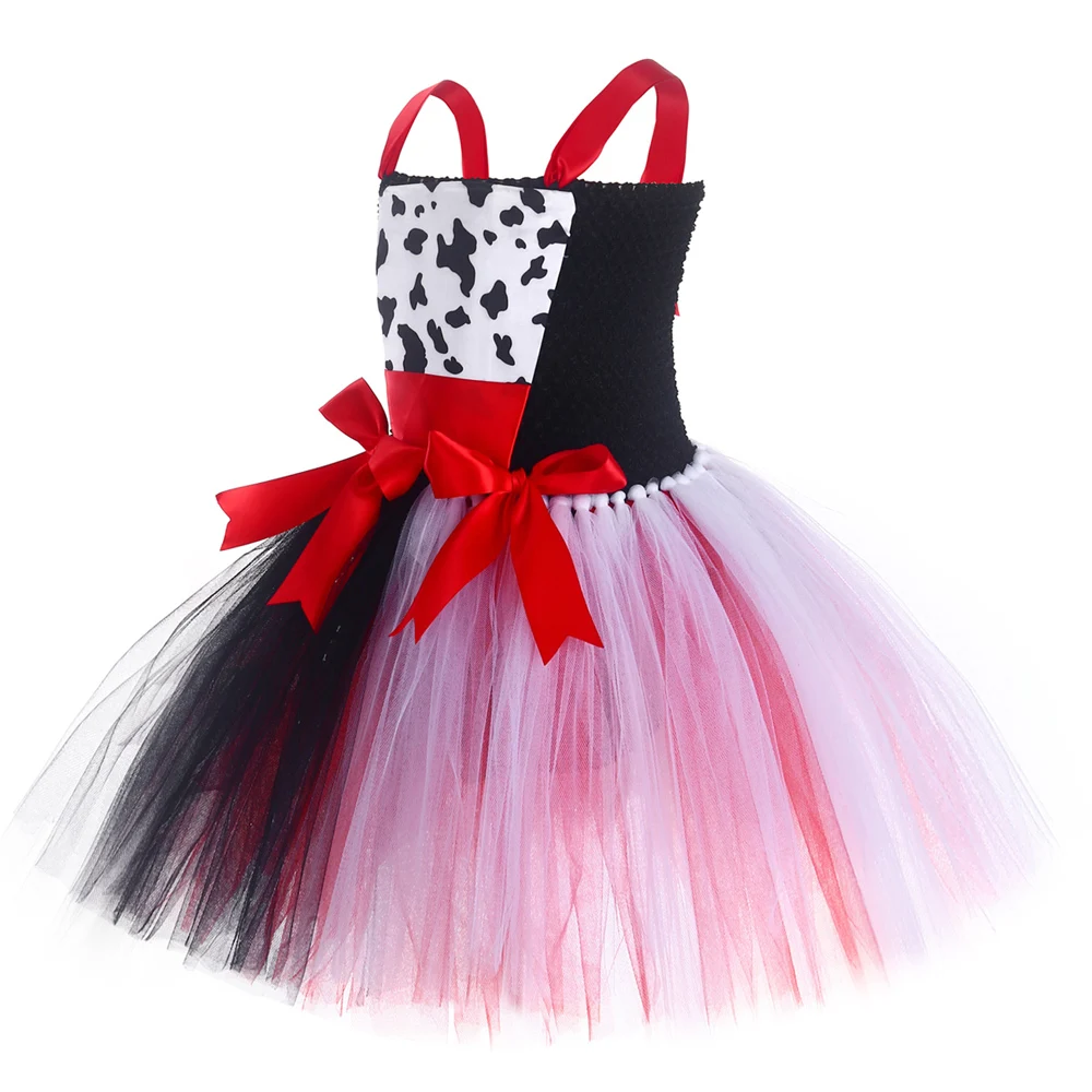 Evil Cruella Cosplay Costumes for Girls Wicked Witch Queen Halloween Dresses for Kids Dalmatian Dog Tutu Outfit Children Clothes