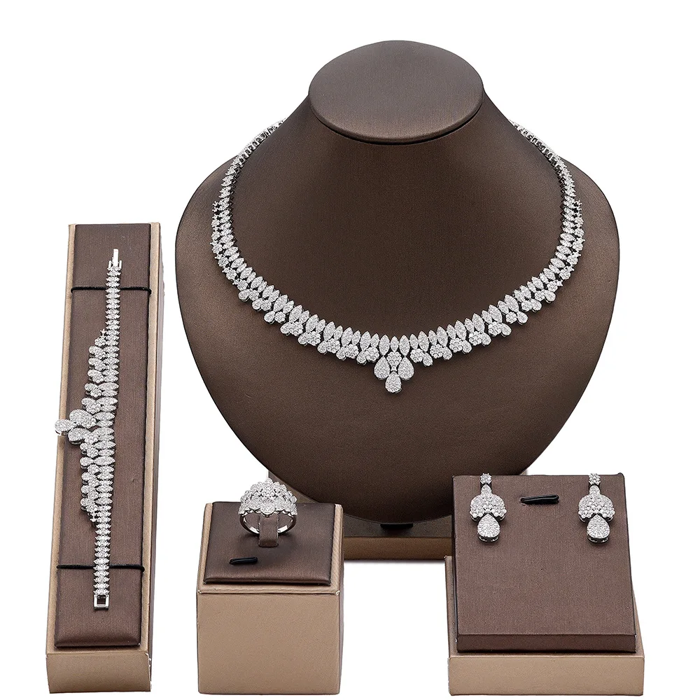 Wedding Jewelry Set Micro Inlaid Full Stone Necklace Earrings Bracelet Ring Bridal Accessories For Women Christmas Gift Party