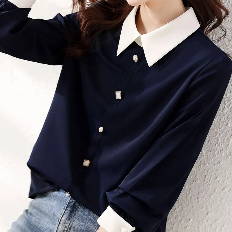 Elegant Fashion Harajuku Slim Fit Blouse Patchwork Button POLO Collar Long Sleeve Tops Women Loose All Match Female Clothes