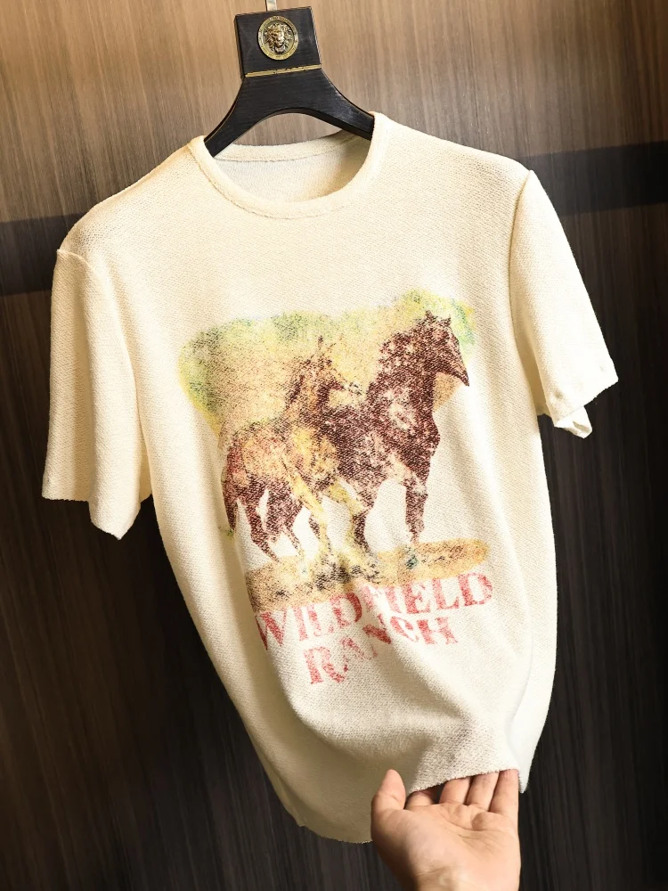 2026 Summer Men's Design Sensation Skin-friendly round Neck Knitted Short Sleeve T-shirt Fashionable Urban Style Casual Wear
