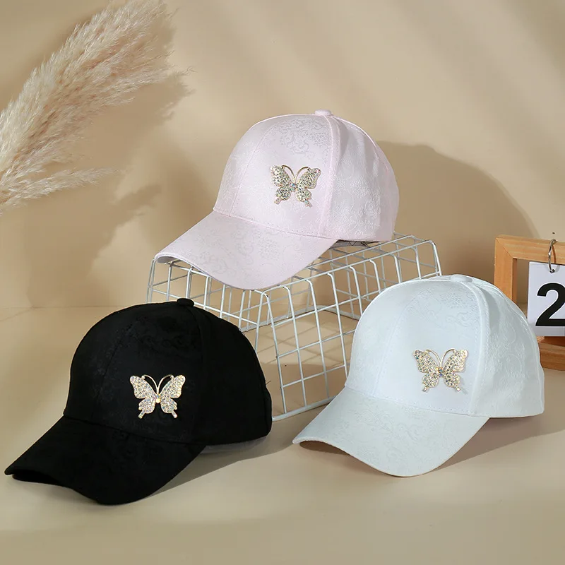 

Rhinestone Metal Butterfly Baseball Cap, Gold Thread Cotton Hollow Sun Hat, Spring Summer Breathable Visor Cap for Women