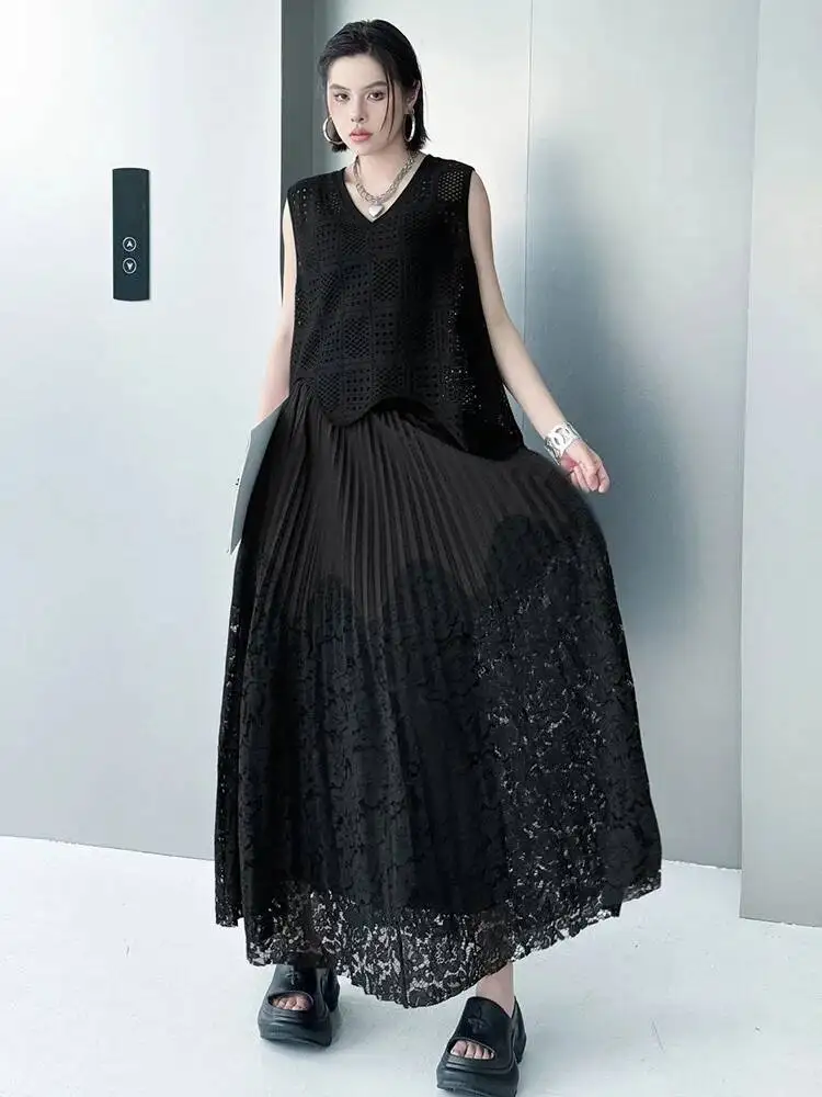 Elastic Waist High White Lace Color-block Pleated Midi Half-body Skirt Women Fashion New Spring Autumn 2026 VB57