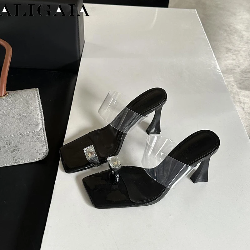 Aligaia Women Clear EVA Mules High Heels Square Open Toe Rhinestone Toe Ring Slippers Sexy French Stiletto Heeled Slides