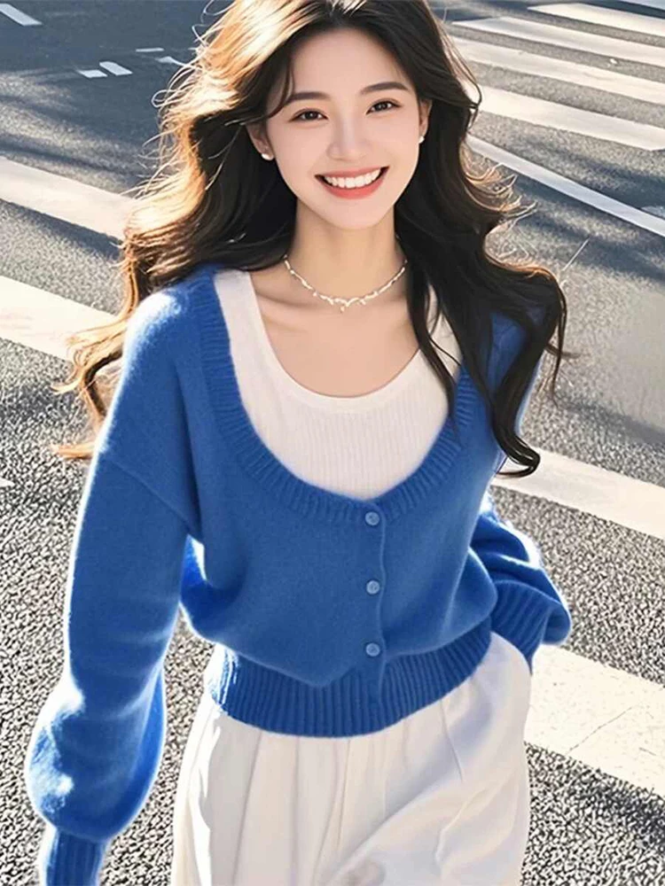 

Women's Blue Knitted Shirt 2025 Spring Autumn Design Niche Color Collision Fake Two-piece Top Korean Versatile V-neck Pullover