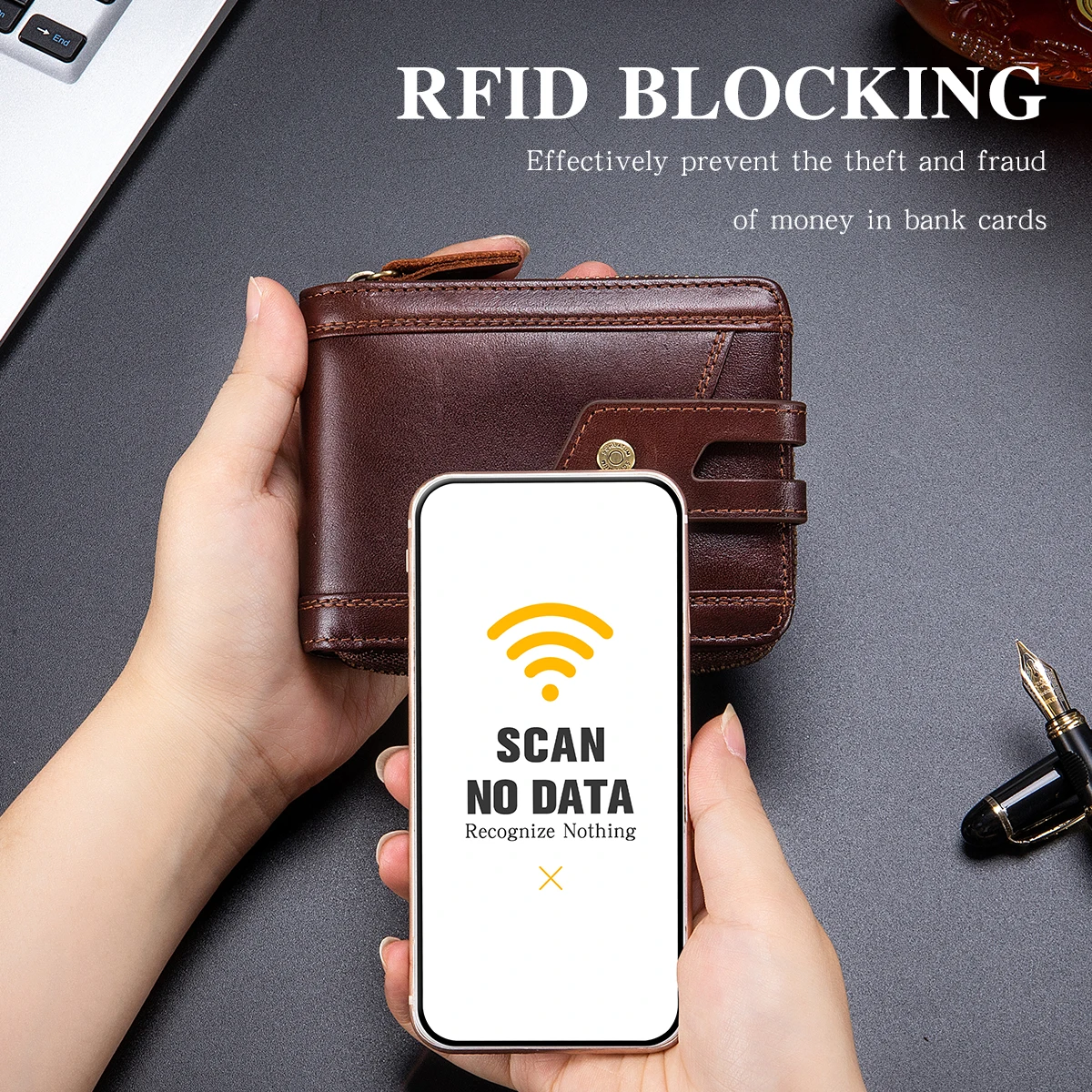กระเป๋าสตางค์ซิป SCHLATUM สำหรับผู้ชาย ความจุขนาดใหญ่ ป้องกัน RFID หนังแท้สไตล์วินเทจ พร้อมช่องใส่เหรียญและช่องใส่บัตรประชาชน