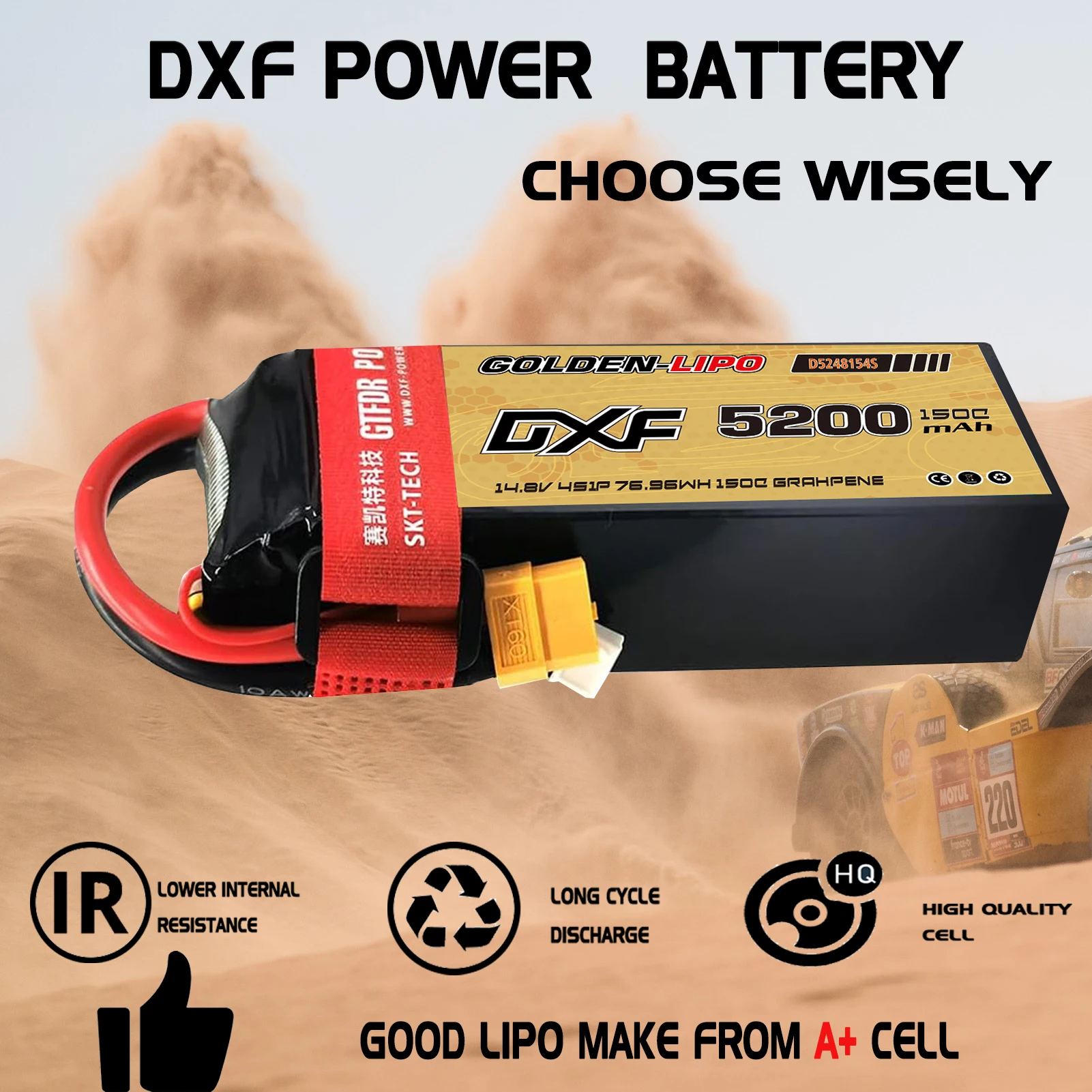 DXF 4S Lipo Battery 14.8V 5200mAh 150C Hard Case Battery with XT60 Connector for Car Truck Tank RC Buggy Truggy Racing Hobby