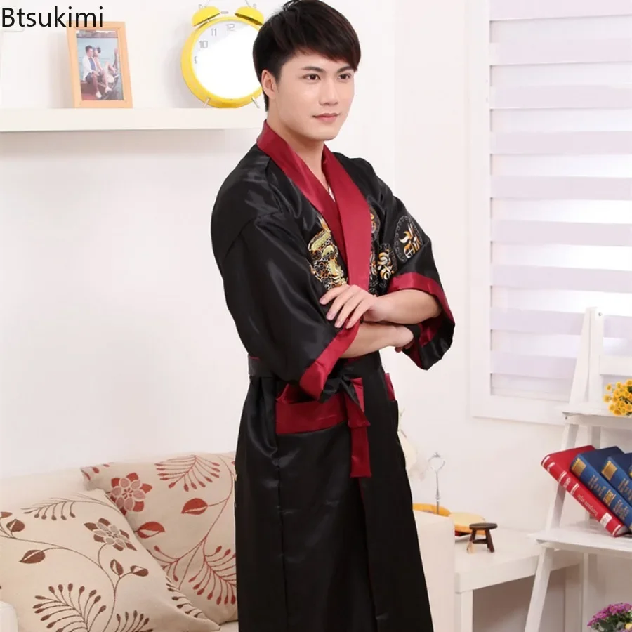 2024 neue Paar Tang Anzug Stickerei Pyjama Roben Herren chinesischen Stil Drachen Robe Home Kleidung Männer Satin Kimono Bademantel eine Größe