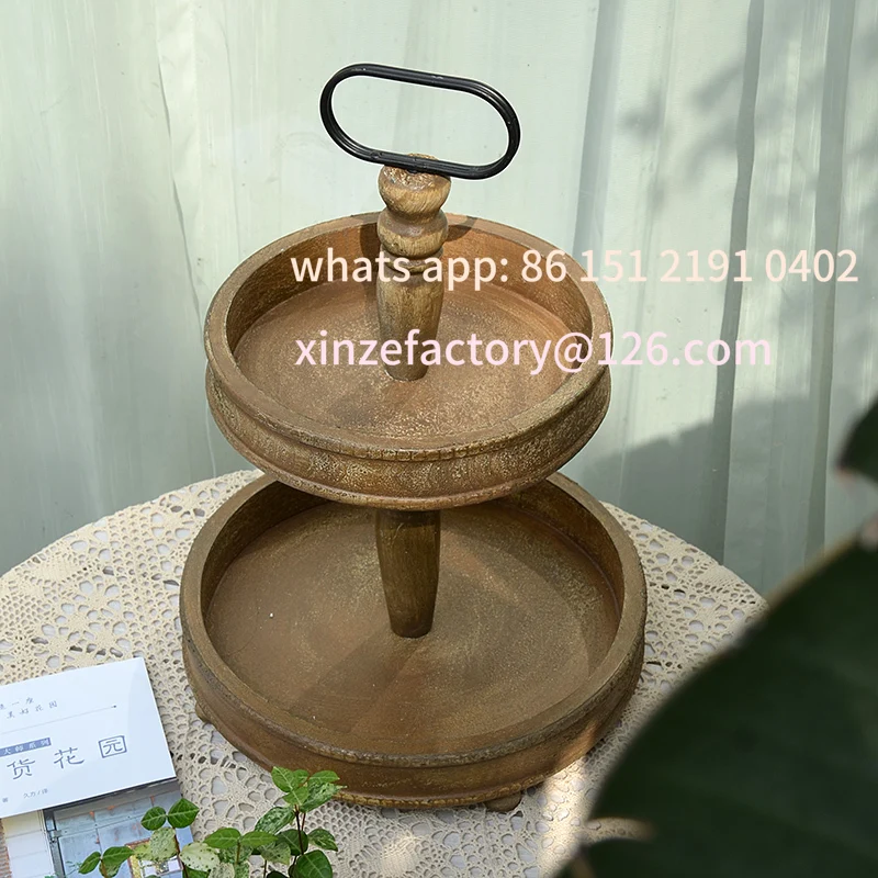 

Customizable Dwuwarstwowa Okrągła Drewniana Taca Do Domu Blat Deser Owoce Przechowywanie Ogród Przyjęcie Weselne Ta