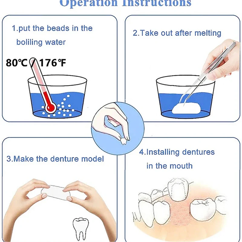 Zestaw do naprawy protez, termiczne koraliki do naprawy sztucznych zębów, kształtujący klej dentystyczny, wypełnienie brakujących i złamanych zębów