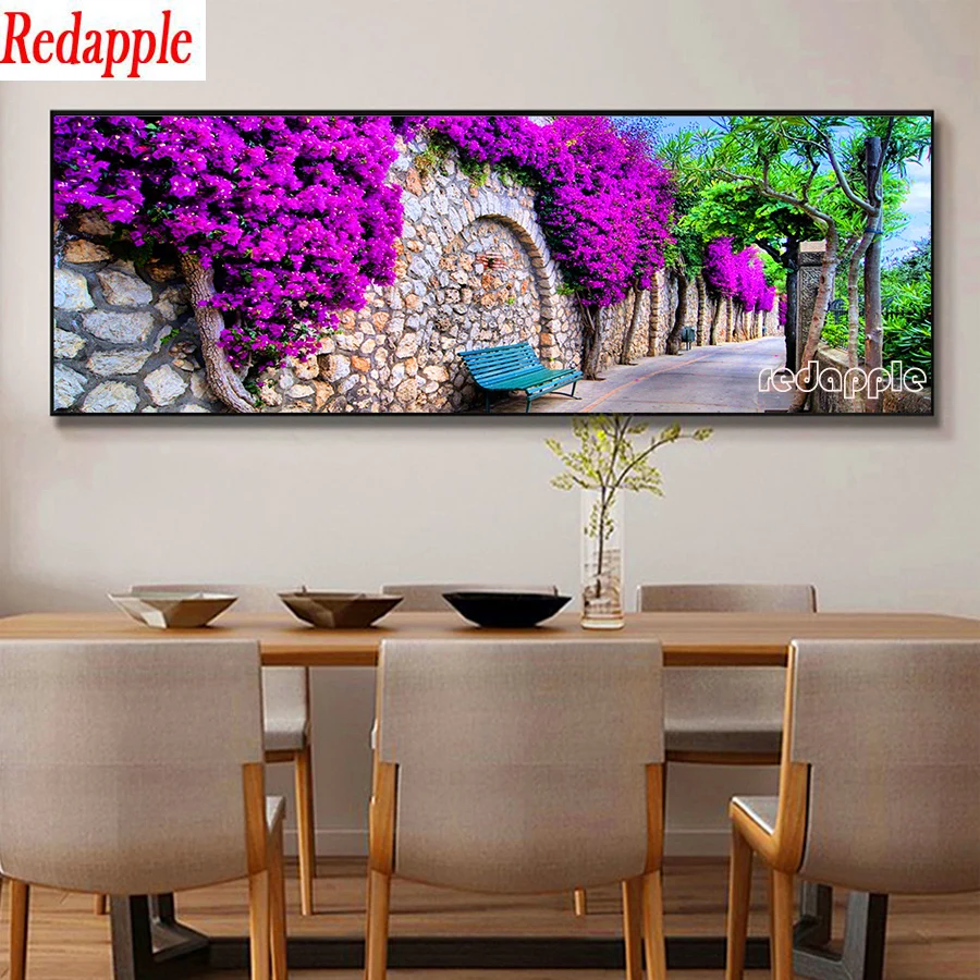 5D Diamond painting purple garden flower embroidery, large size, bench fence, mosaic, full square or round drill, handmade decor