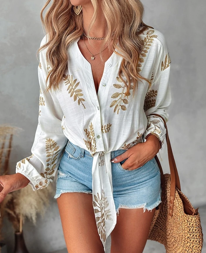 Women's Shirt Casual Daily 2024 Summer Vacation Long Sleeve Leaf Plants Embroidery Stand Collar Tied Detail Short Blouses Top