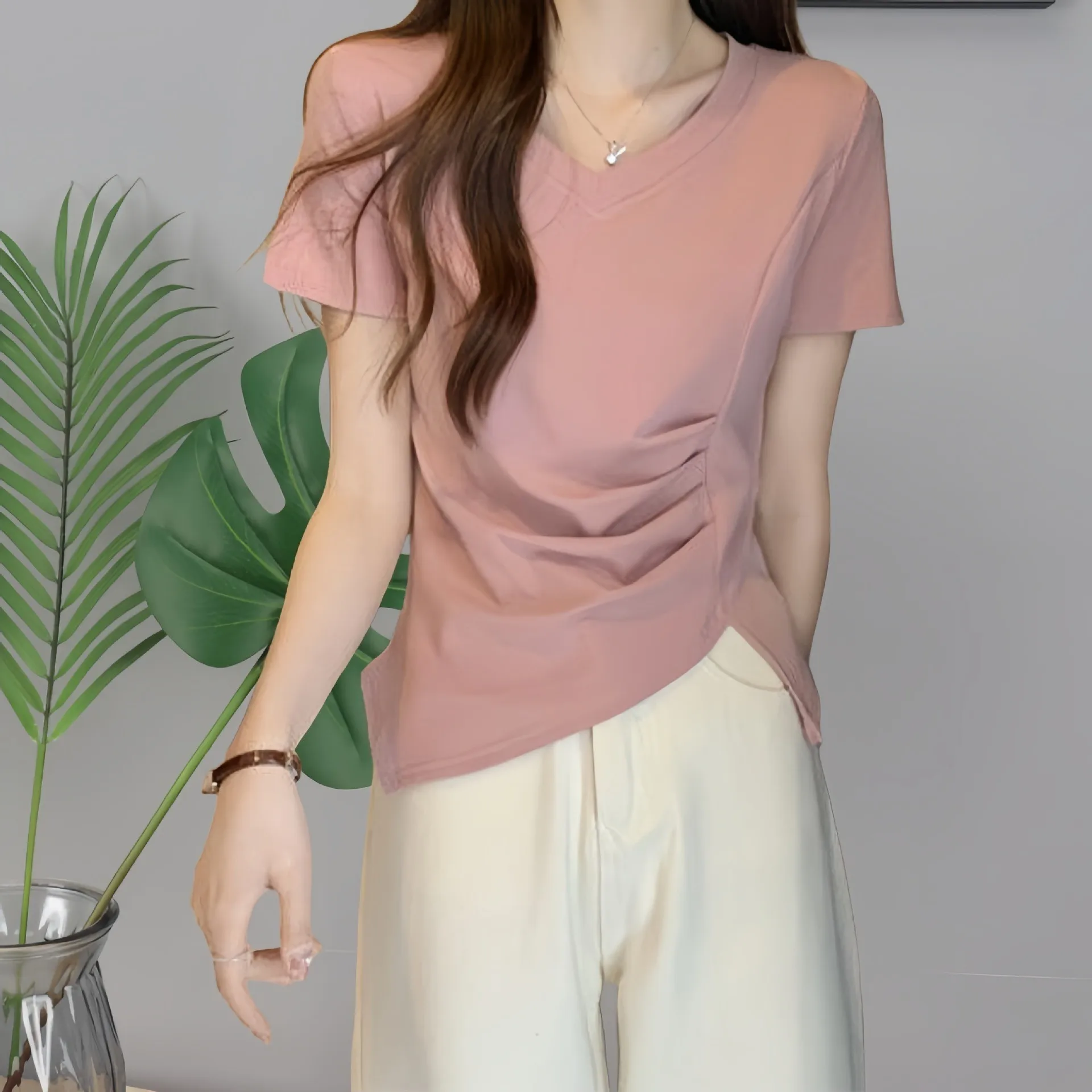 

Slim Fit V-Ne T-irt Women's Waist-Cinching ort Sve Bot Uneven Hemline Ele Sle Polyester Spandex Blend