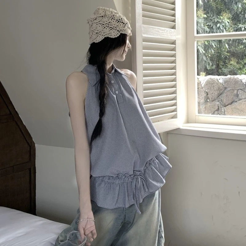 2026 Summer New Sweet Polo Collar Sleeveless Hanging Neck Checkered Design with Drawstring Loose Top