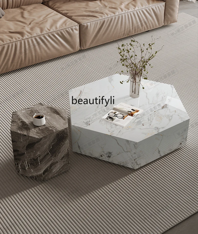 Italian minimalist light luxury modern simple hexagonal slate coffee table living room home size villa