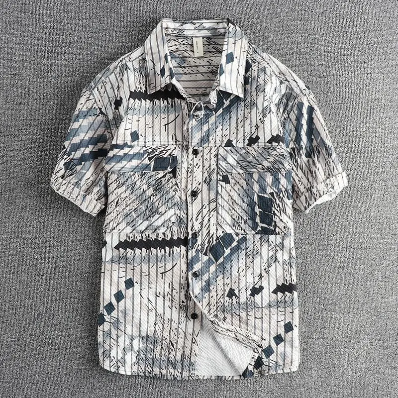 

Summer Men's 2024 New Patchwork Turn Down Collar Button Pocket Printing Plaid Fashion Casual Comfortable Short Sleeved Shirts