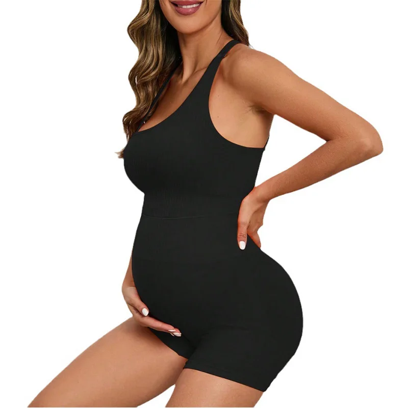 Conjunto de Yoga de maternidad sin costuras para mujer, trajes de gimnasio, Tops cortos Sexy acanalados sólidos, pantalones cortos de embarazo,