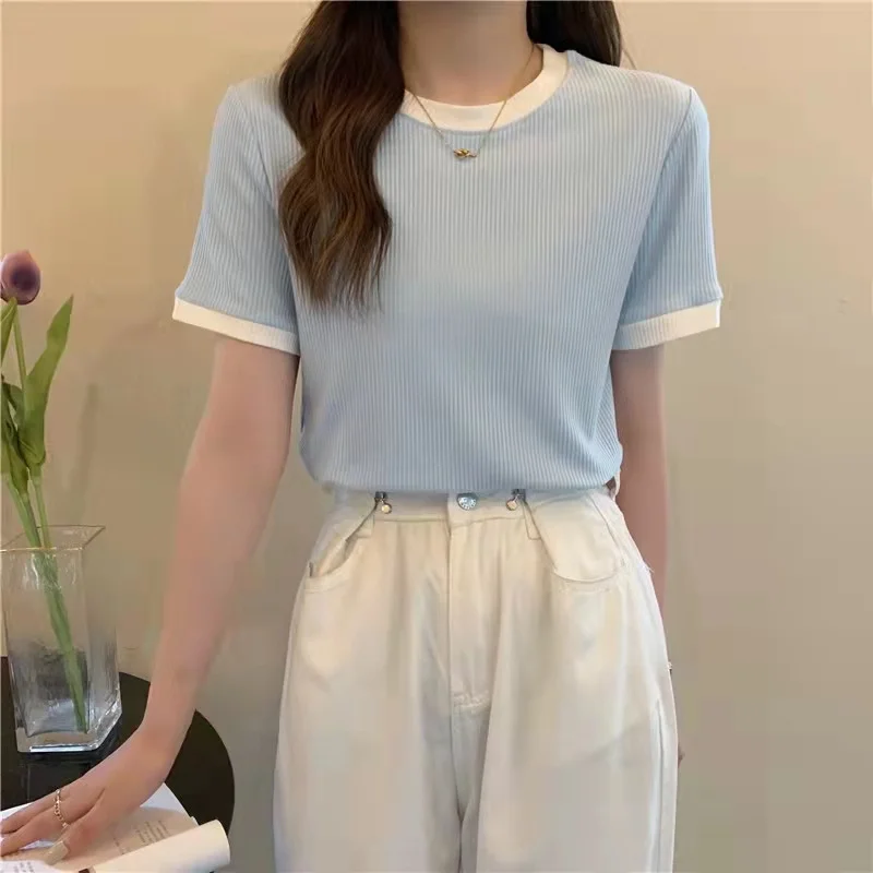 Slim Fit Basic round Neck Short Sleeve T-Shirt Women's Summer Base Shirt Korean Style Short Length Student Top Trendy Milk Si...