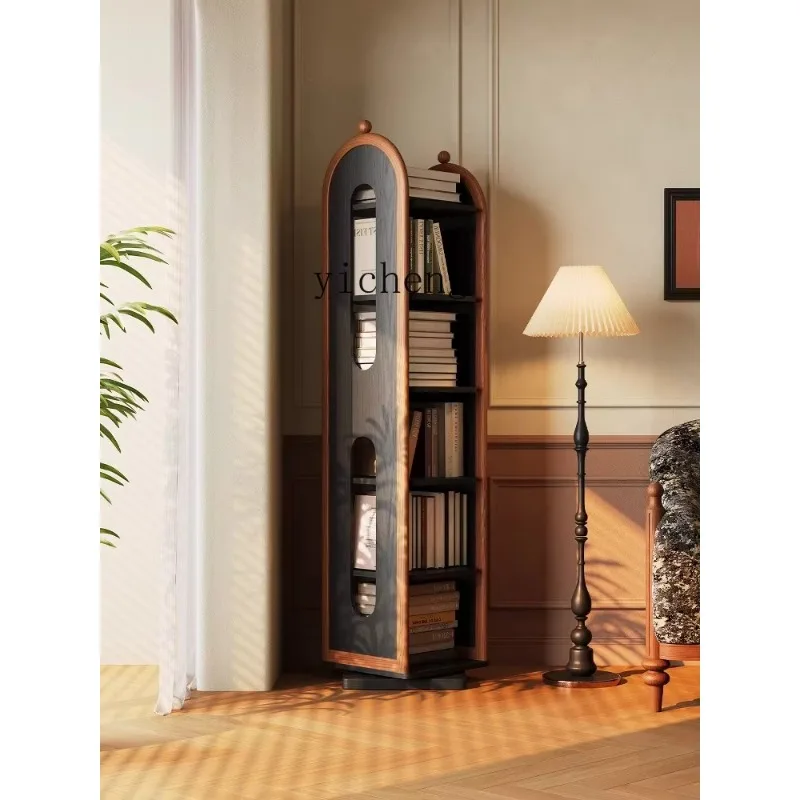 Retro Solid Wood 360-degree Rotating Bookshelf, Bookcase Floor Mirror Integrated Display Magazine Rack