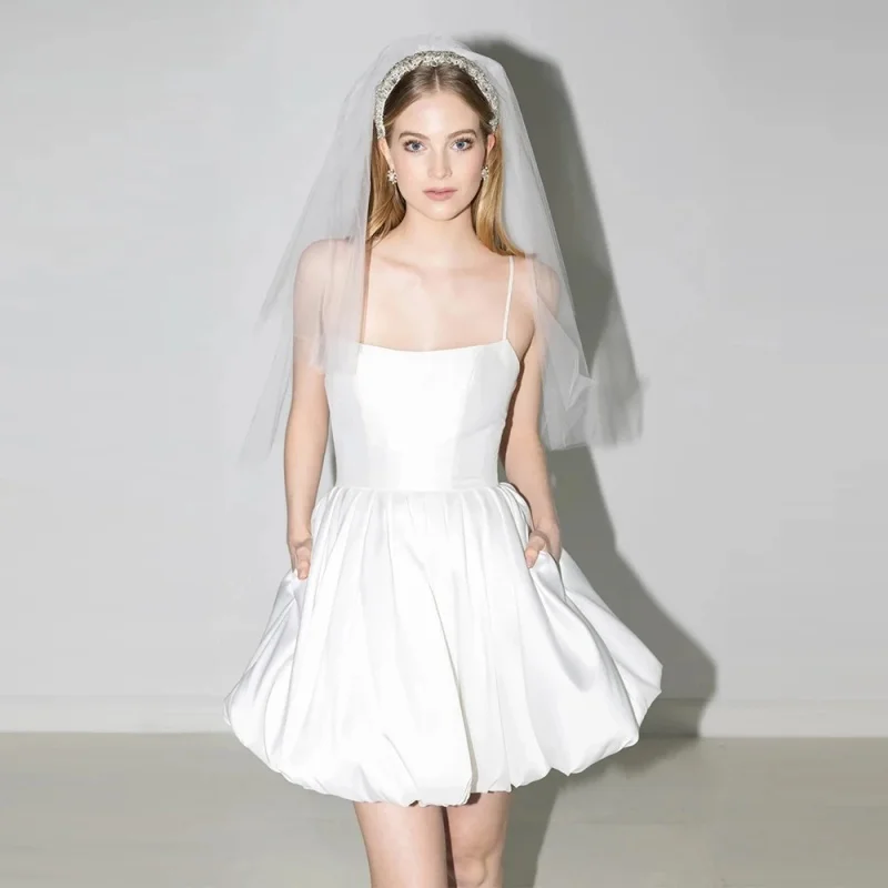 

Simple Spaghetti Straps Satin Mini Wedding Dress Customized Women Short Bridal Gown For Paryt