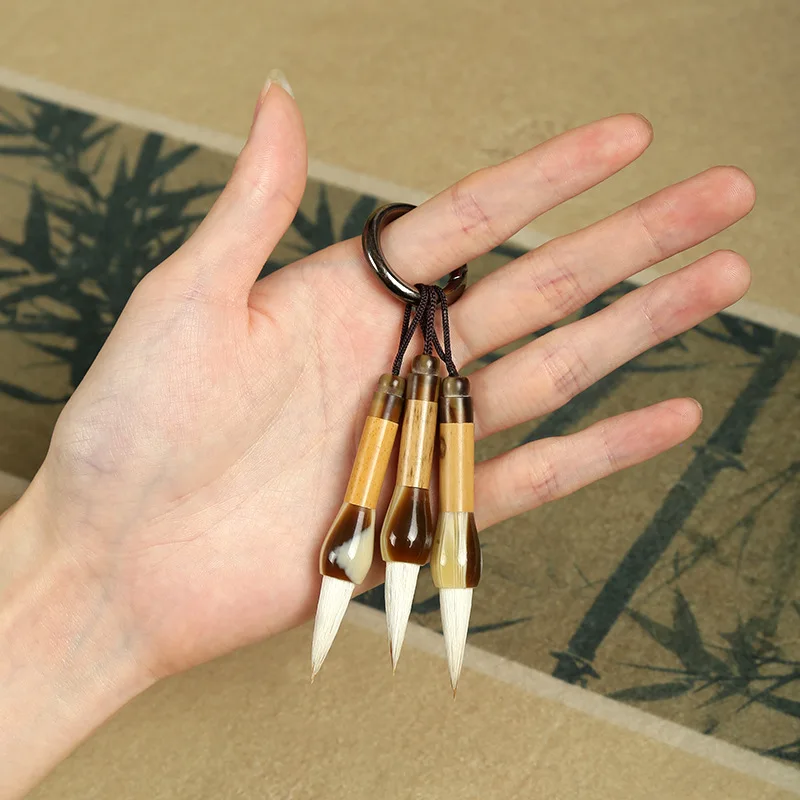 Handmade Mini Xiangfei Bamboo Chinese Brush Keychain Pendant Desk Ornament Calligraphy Pen Gift Box
