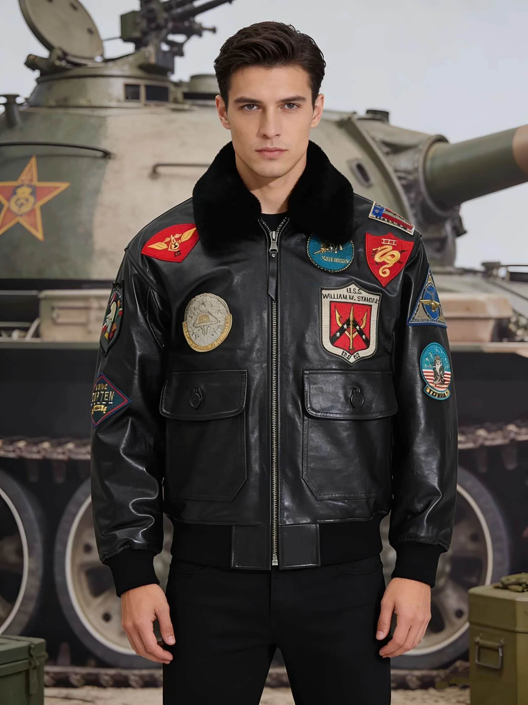 

Genuine Natural Sheepskin Wool Collar G1 Flight Coat Black Winter Pilot Leather Jacket Men Military Style Europe Size