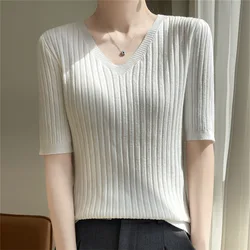 Knitted Short Sleeved T-shirt for Women's Summer Thin Sweater with A Slimming Design UnderneathHalf Sleeved Top
