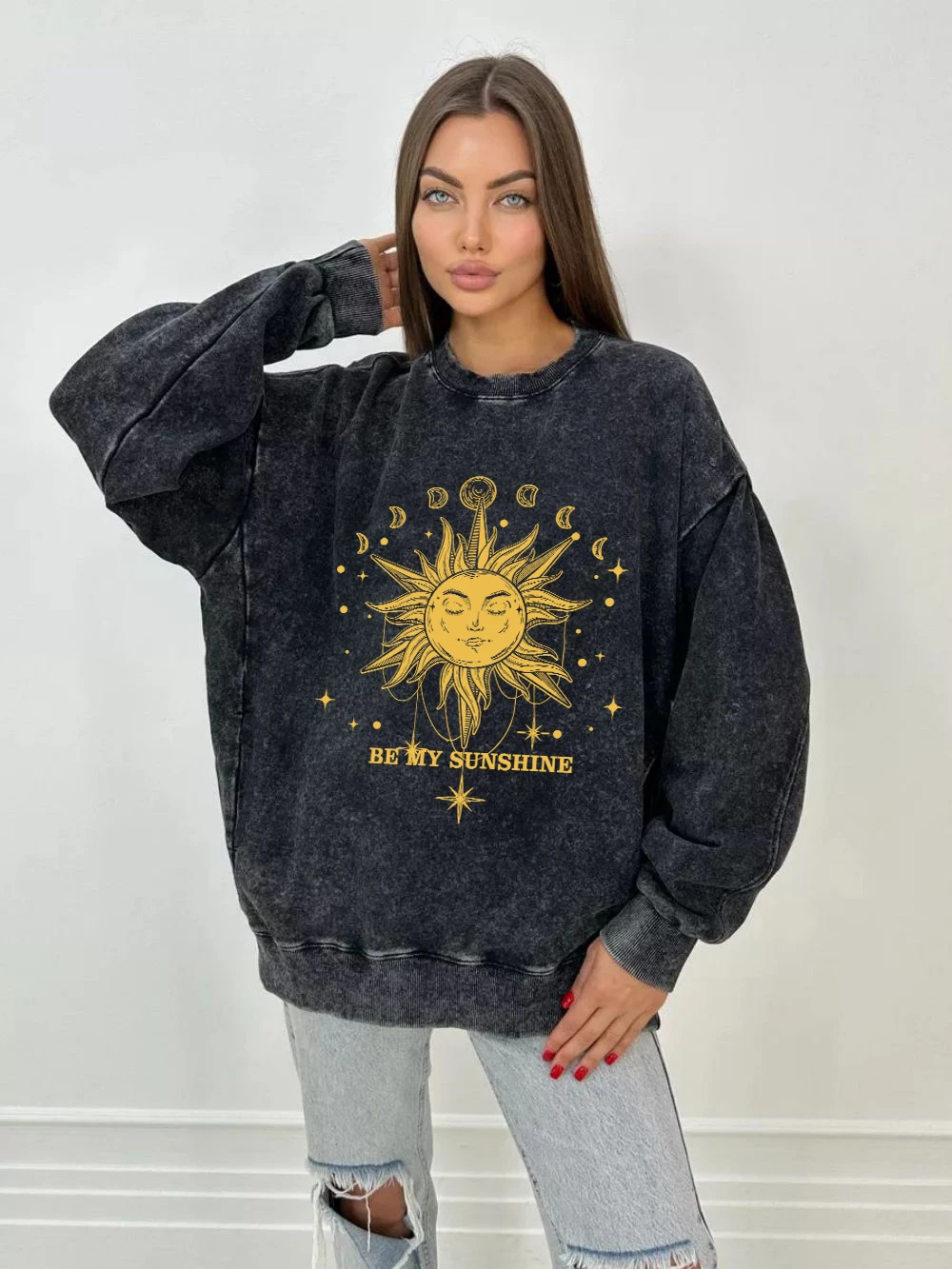 Oversize Woman Acid Wash Hoodie Be My Sunshine Yellow Print Prints Sweatshirt Fashion Cotton Warm Pullover Couple Washed Clothes