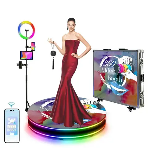 Plate-forme de cabine Photo Portable 360 pour 1 à 5 personnes, avec anneau lumineux, Logo personnalisé gratuit, 100cm, 80cm, 68cm, accessoires de photographie