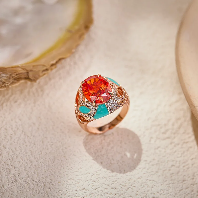 Colección de diseñador Anillo de estilo retro Mujeres con incrustaciones de circonita cúbica Sintética Fanta Garnet Esmalte plateado Anillos de color dorado champán