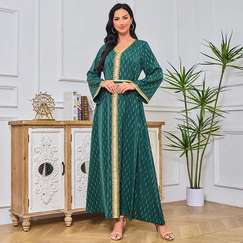 Jalabiya Muslim Dresses Elegant Eid Embroidery Long Dress Women Lace Up Party Kaftan Robe Eid Bronzing Print Abayas Ramadan