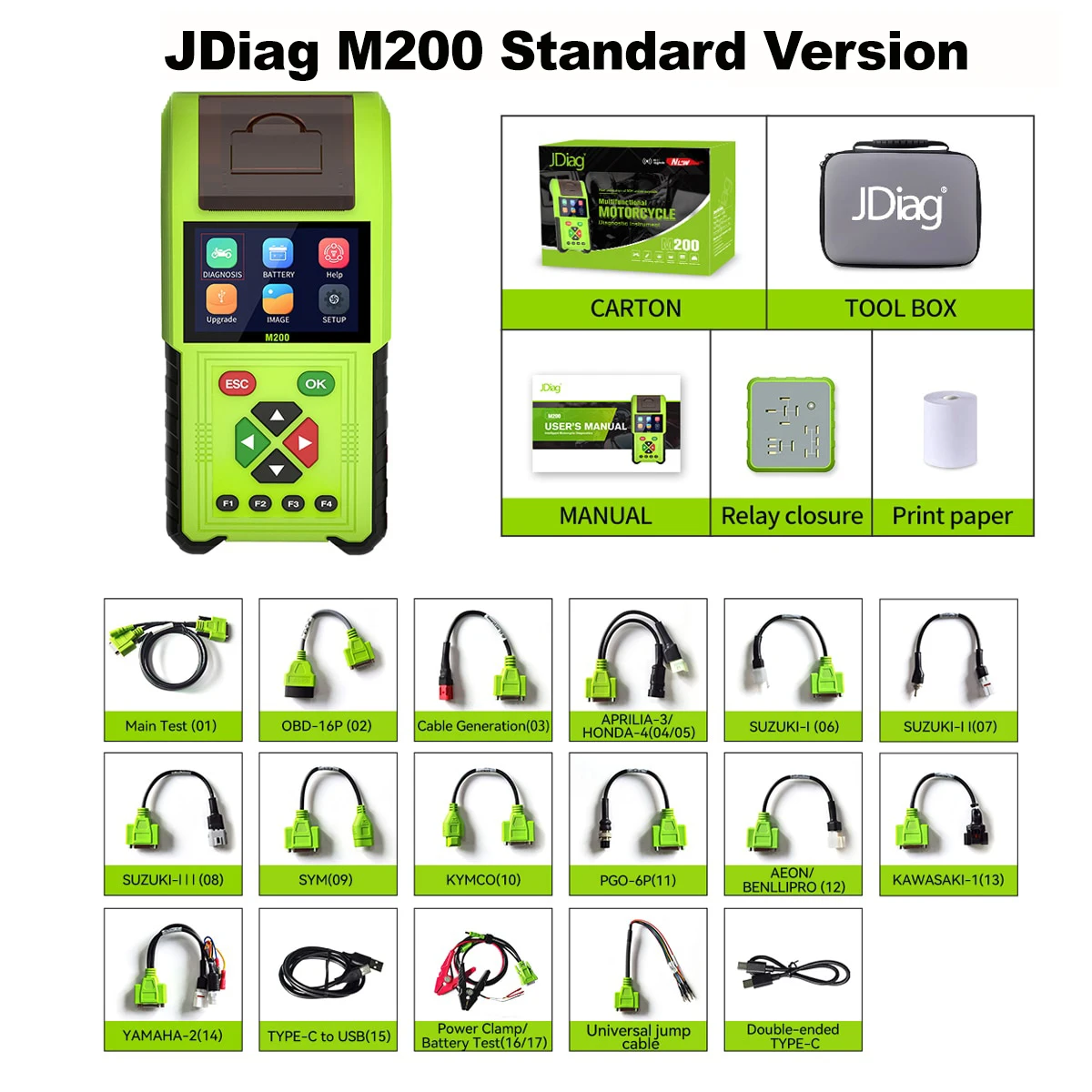 JDiag M200 Motorcycle Diagnostic Scanner Code Reader Motoscan Tool Printer Battery Tester ABS For BMW KTM Yamaha Kawasaki Suzuki