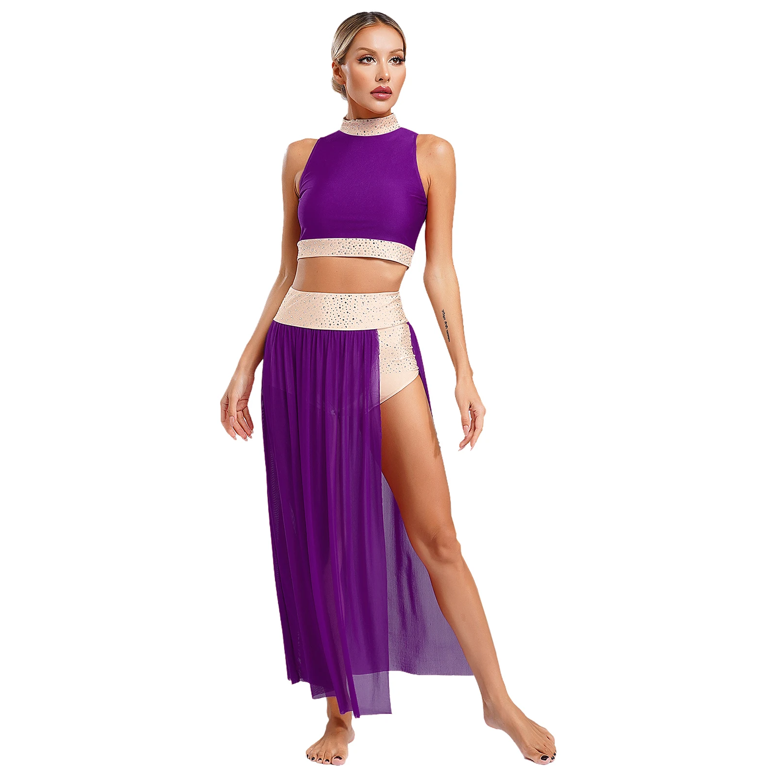 Temperament Womens Two Piece Sets Ballet Belly Dance Outfits Sleeveless Crop Top with Side Split Flowy Mesh Skirt Dancewear