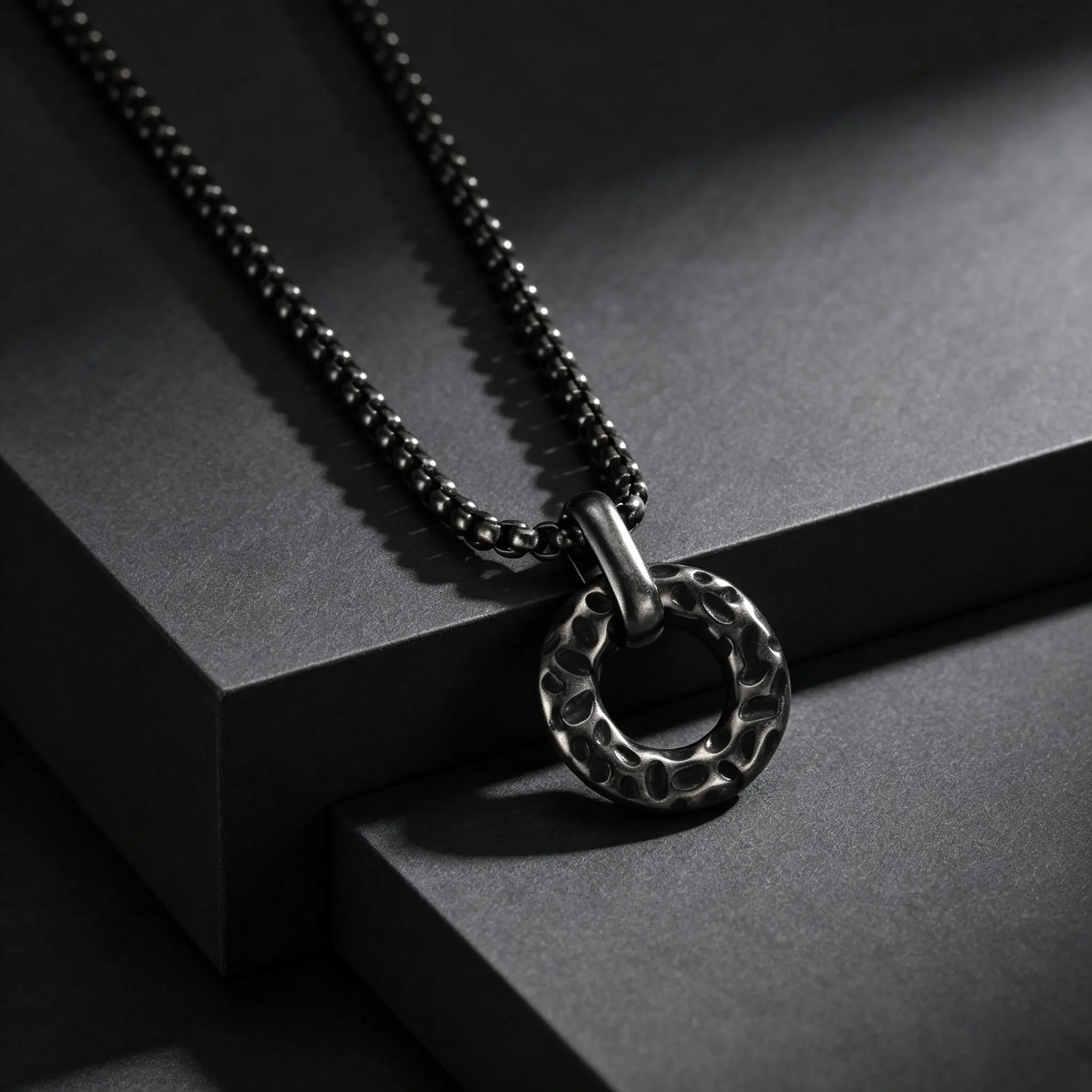 Vintage Stainless Steel Hammered Round Circle Pendant Necklace for Men, Stylish Punk Jewelry Accessories Gift for Him Dad