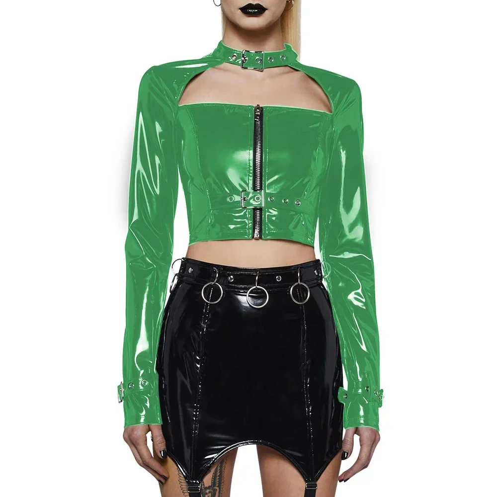 Women's Gothic Long Sleeve Cropped Top, Metal Buckle, Hollow, Exposed Navel, Shiny PVC Leather,Punk Zipper Jackets,Ladies Coat,