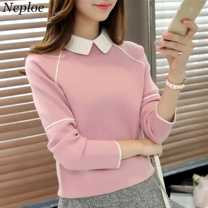 Neploe 2023 New Doll Collar Sweater Women Contrast Color Patchwork Pullover Long Sleeve Fashion Bottoming Sweaters Jumper 37230