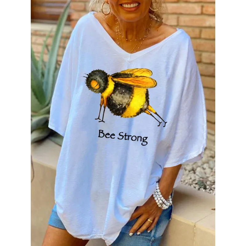 ilstile Damen-T-Shirts mit Aufdruck „Bee Strong“, Sommer, kurzärmelig, lässig, lockerer V-Ausschnitt, lange Oberteile, schwarz-weiße T-Shirts, Neu eingetroffen