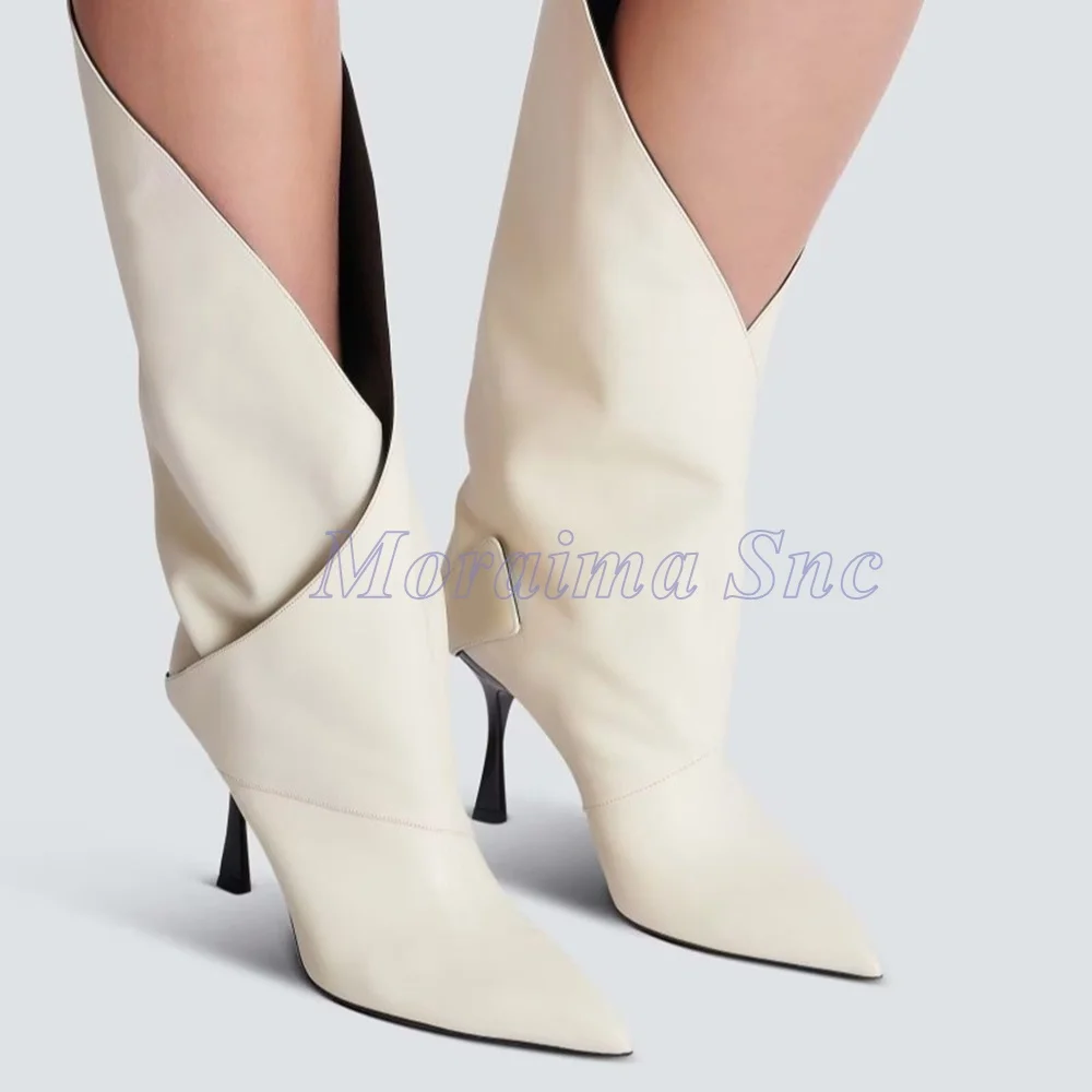 

Сапоги до середины икры в стиле пэчворк с острым носком, модные женские короткие современные ботинки без шнуровки на высоком каблуке-шпильке, белые однотонные осенне-зимние 2026