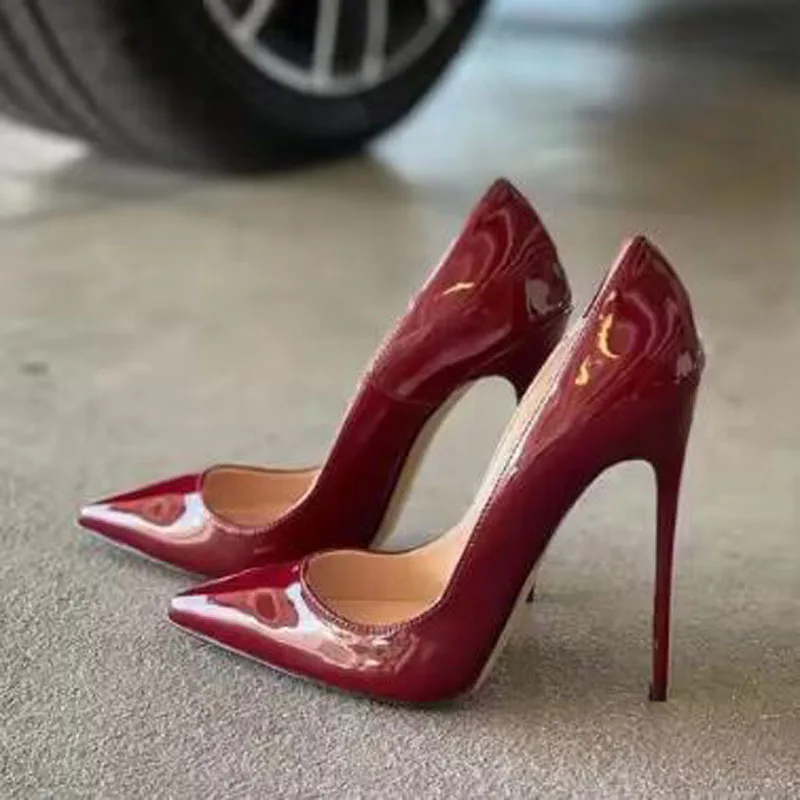 مثير المرأة الأحمر بورجوندي براءات الاختراع والجلود الجلد المدبوغ أشار تو الضحلة الانزلاق على مضخات 8 10 12 سنتيمتر كعب ستيليتو فستان الحفلات أحذية سيدة