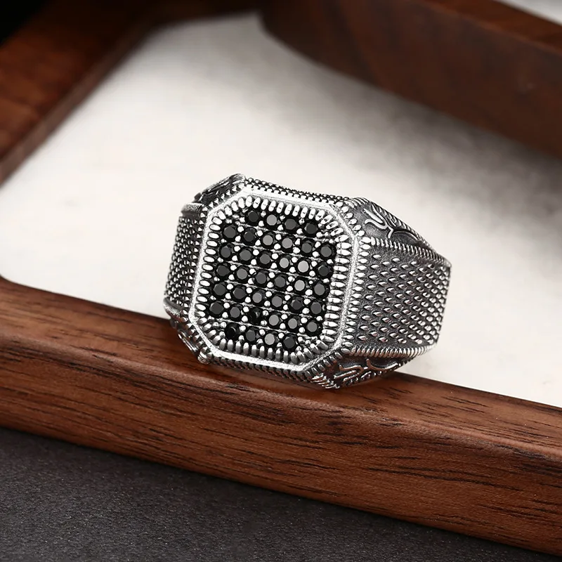 New diamond cut checkered ring, simple men's square zircon ring jewelry