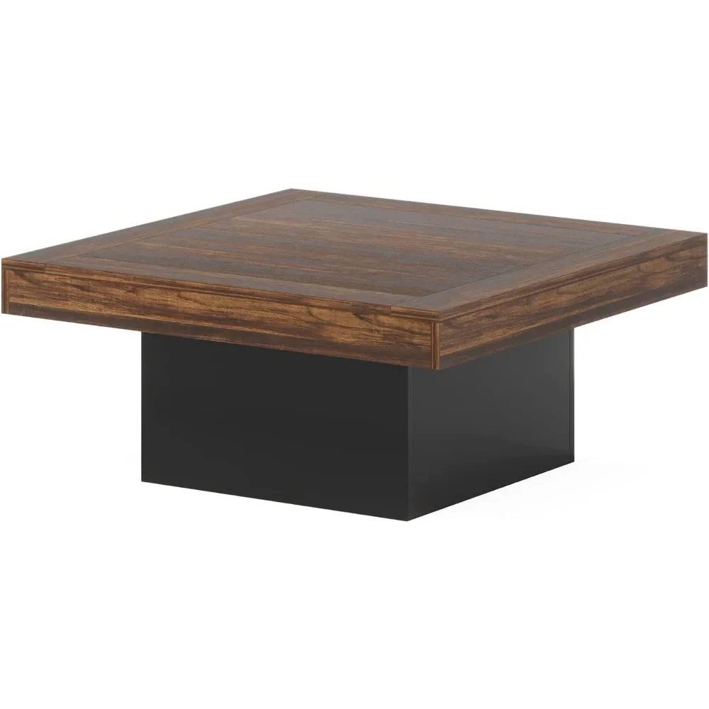 Square LED Coffee Table, Engineered Wood Low Coffee Table, Center Table for Living Room, Rustic Brown & Black,