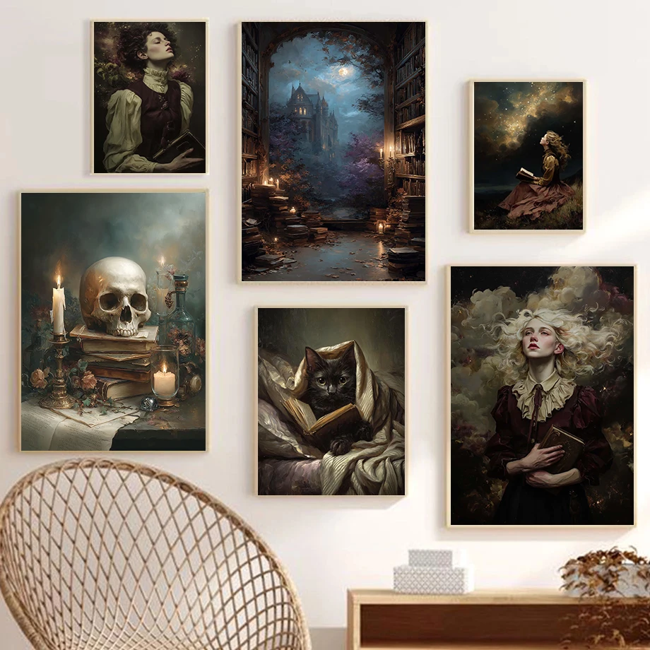 1pc frameless Canvas Painting Dark Academia Skull on Antique Books Portrait Poster Blonde Woman Modern Prints Canvas Wall Art Pi