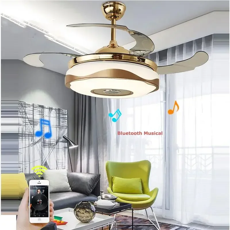 Muzyczny wentylator sufitowy ze światłami LED Nowoczesny stop akrylowy ABS Bluetooth. Lampa LED RGB LED Light. Lampy sufitowe. Lampa sufitowa LED.