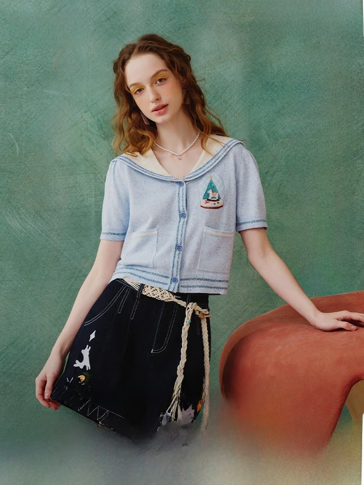 

Sweet Sle ort Naval Collar Embroidered Knitted Cardigan Women's Fre Color Blo Summer New Arrival Two Tee Things