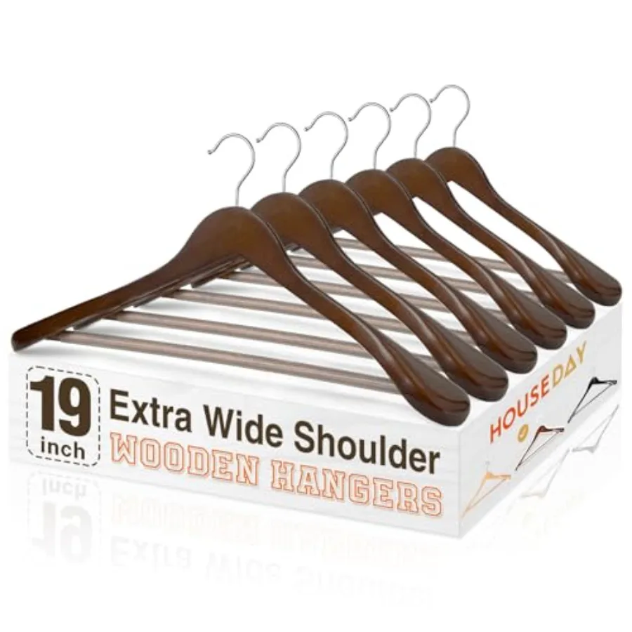 

19'' Extra Wide Shoulder Wooden Hangers 6 Pack Premium Large Wood Suit Hangers with Non Slip Pant Holder Wide Shoulder Hangers
