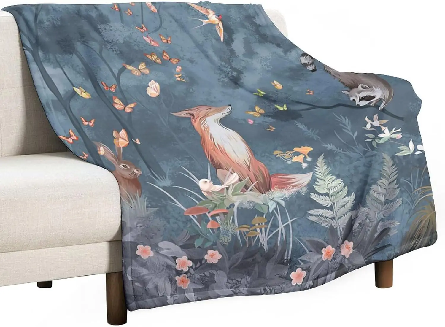 Cozy Woodland Nature Throw Blanket for Boho Aesthetic Decor Fox Bunny Fall Spring Forest Tapestry Couch Throw Gift Ideas