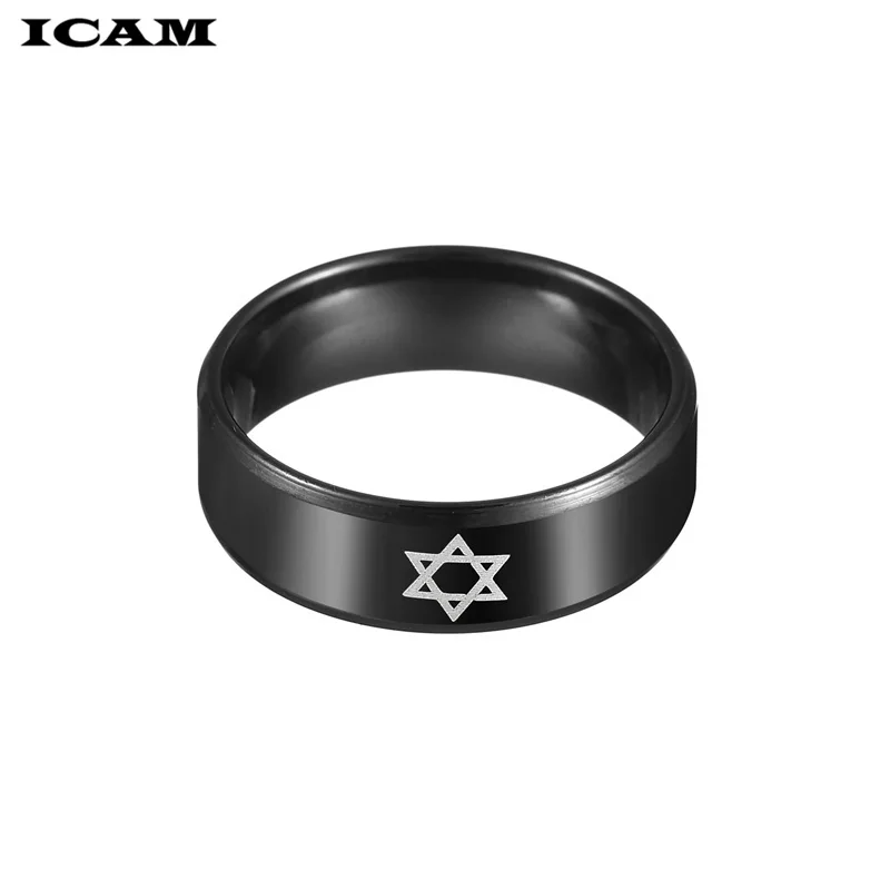 Icam preto estrela de david anel masculino judaísmo religioso israel jóias judaicas anel de aço inoxidável obsidiana david estrela anéis